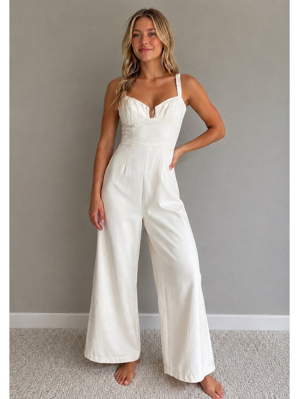 ASTR The Label Versailles Jumpsuit SizeS Vanilla Wide Leg Bustier Cutout Pockets